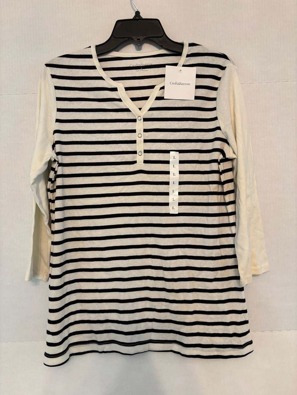 Croft & Barrow Henley T-Shirt Size Large Black White Striped Top New